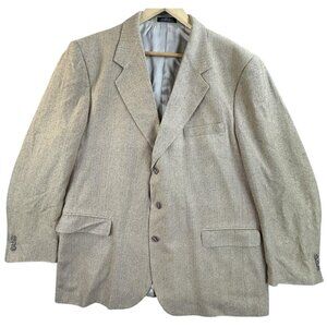 Vintage Silk Yarn Blazer Mens 46 Beige Herringbone Tweed Sport Coat Jacket 80s